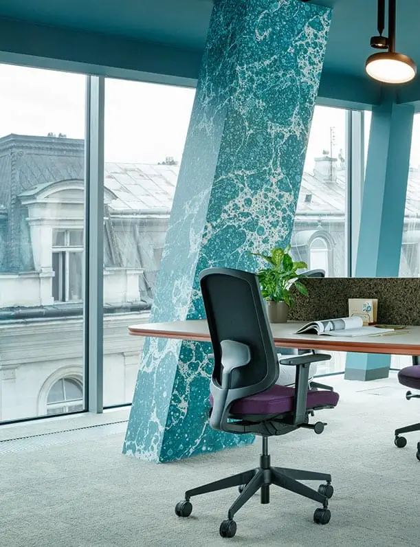 The Nest workspace with turquoise marble column