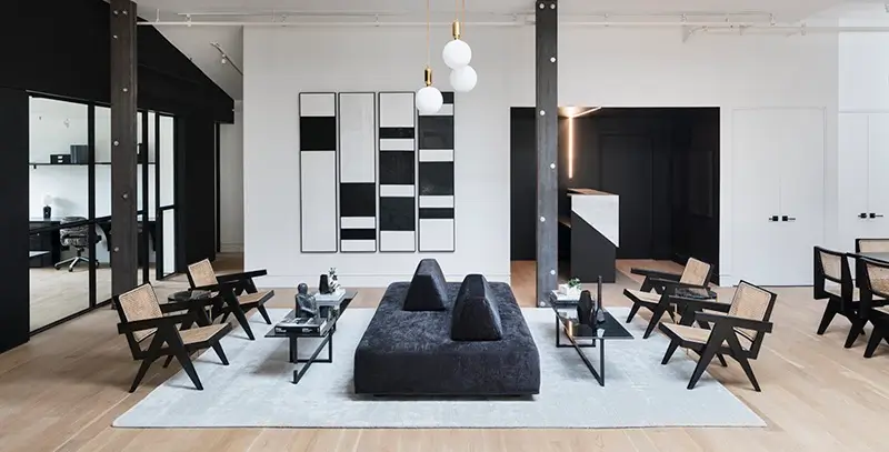Global Collective Brooklyn | The New York Project Premium Coworking Virtual office rental Brooklyn New York - The New York Project minimalist premium office with black-and-white monochrome design, designer furniture and loft character