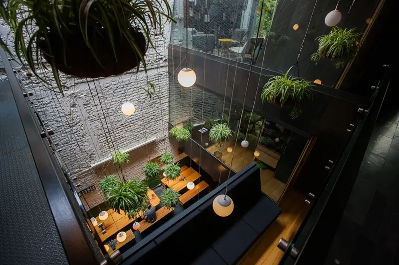 Global Collective Mexico City | Publico Premium Coworking Virtual office rental Mexico City - Publico spectacular multi-level atrium with tropical plants, water feature and unique architecture
