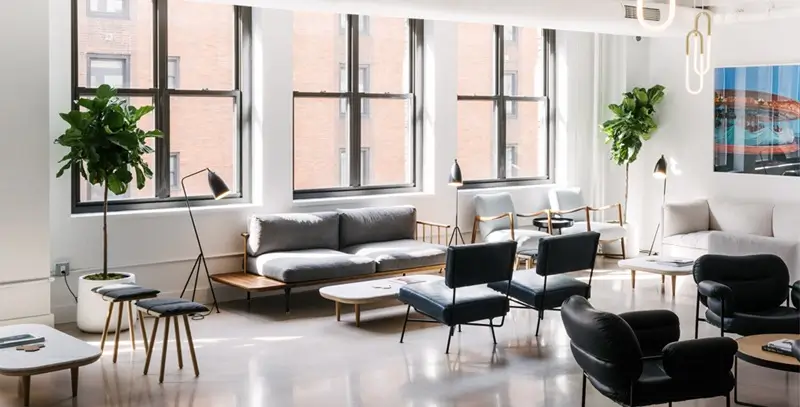 Global Collective New York | Blender Workspace Premium Coworking Virtual office rental New York Manhattan - Blender Workspace bright spacious loft with large industrial windows, minimalist decor and natural light